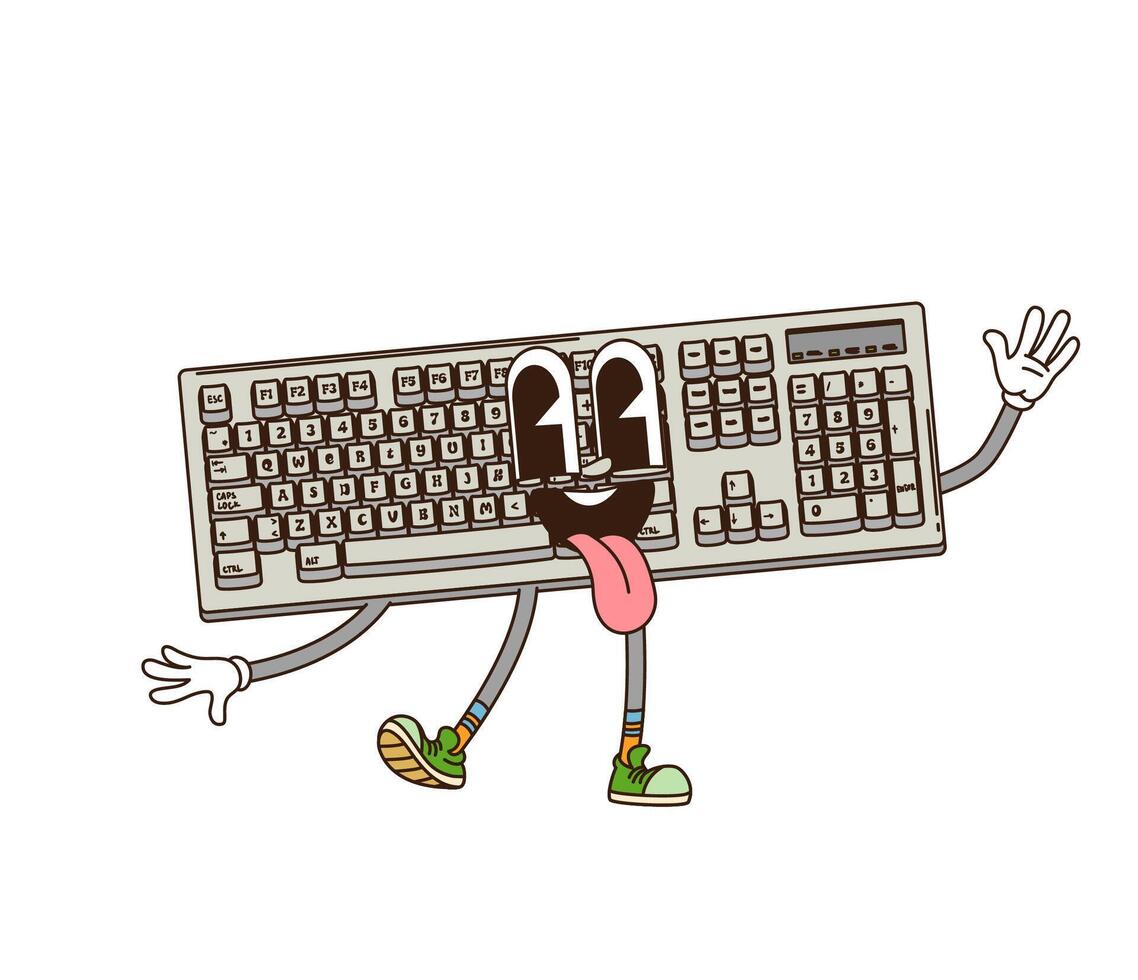 Cartoon groovy computer keyboard retro character vector
