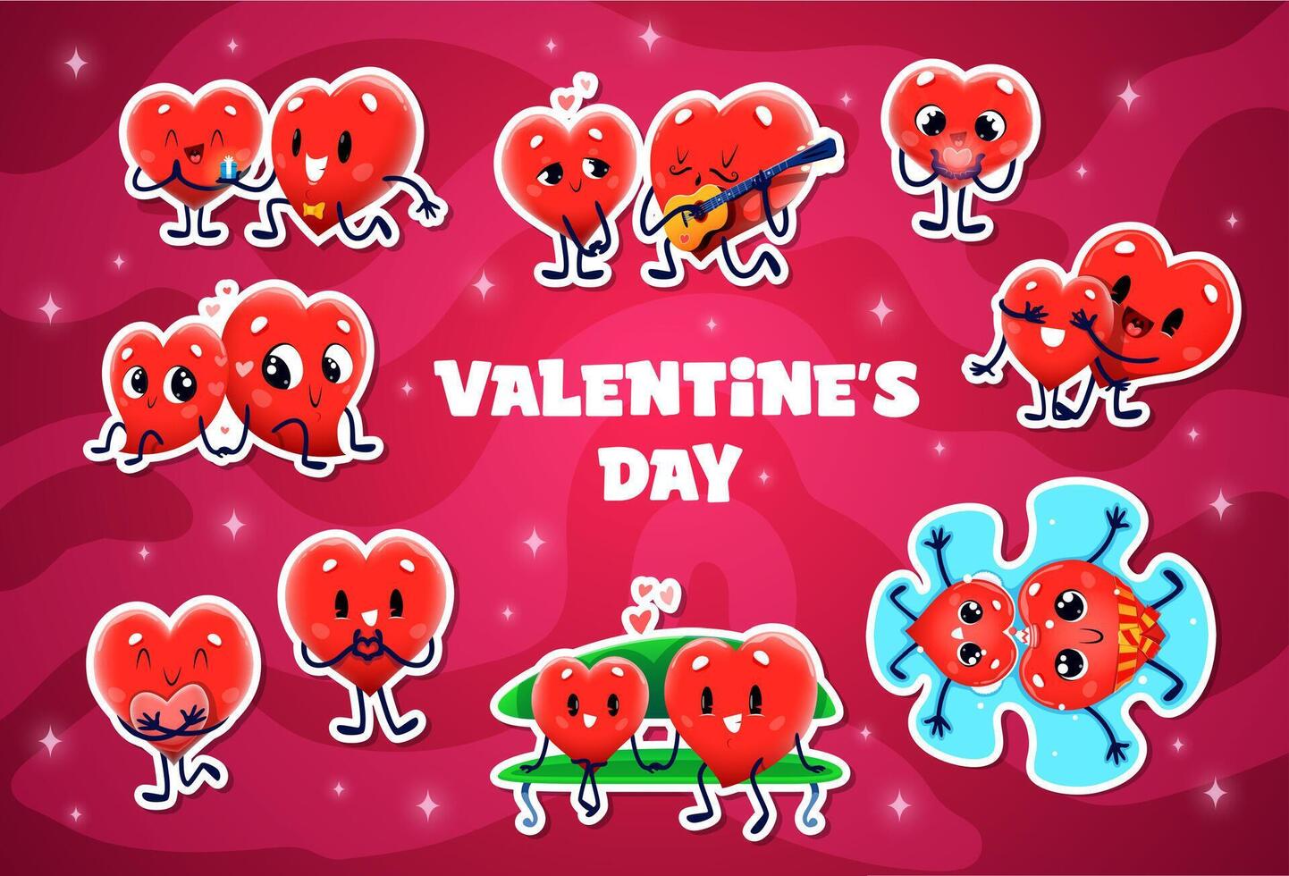 Valentines day heart characters stickers pack vector