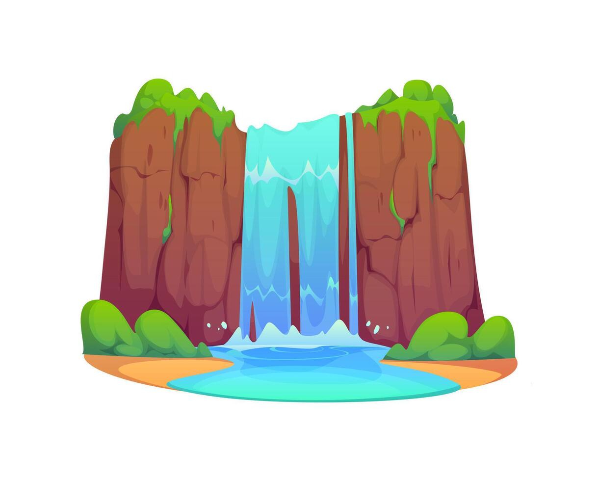 Cartoon waterfall water cascade, rocky hill vector