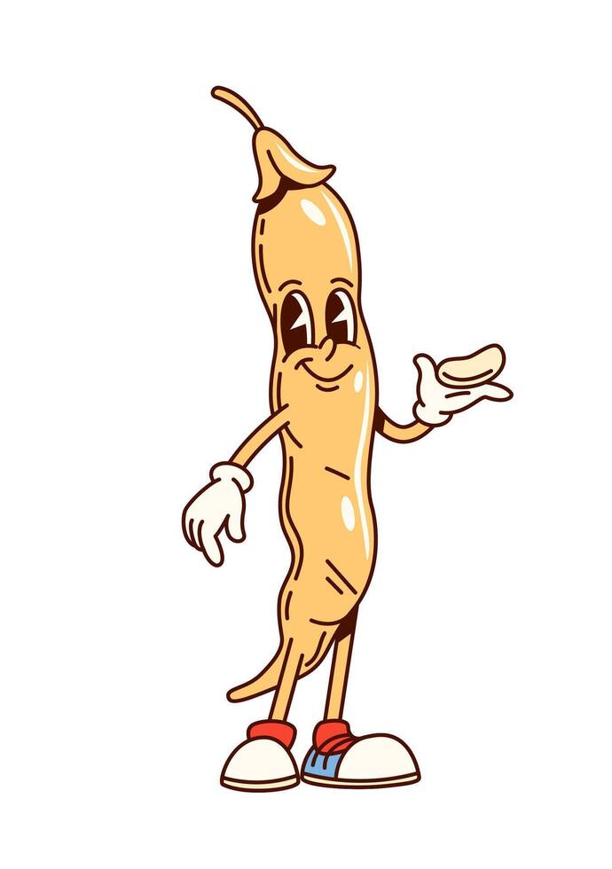 Groovy soy bean vegetable retro cartoon character vector
