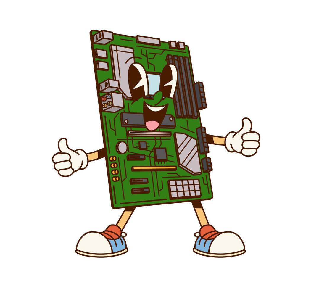 Groovy computer motherboard character thumbs-up vector