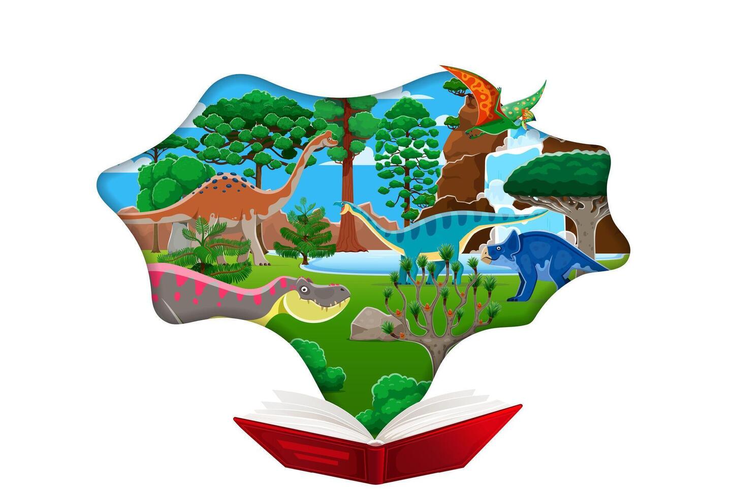 Paper cut opened book with prehistoric dinosaurs vector