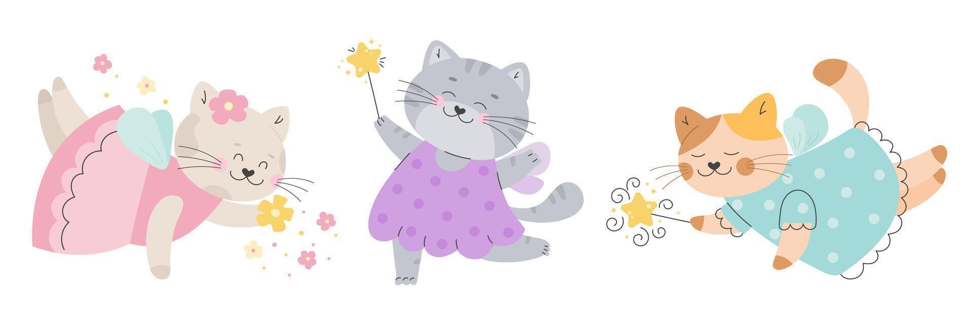 Fairy tale cats set with a magic elements vector