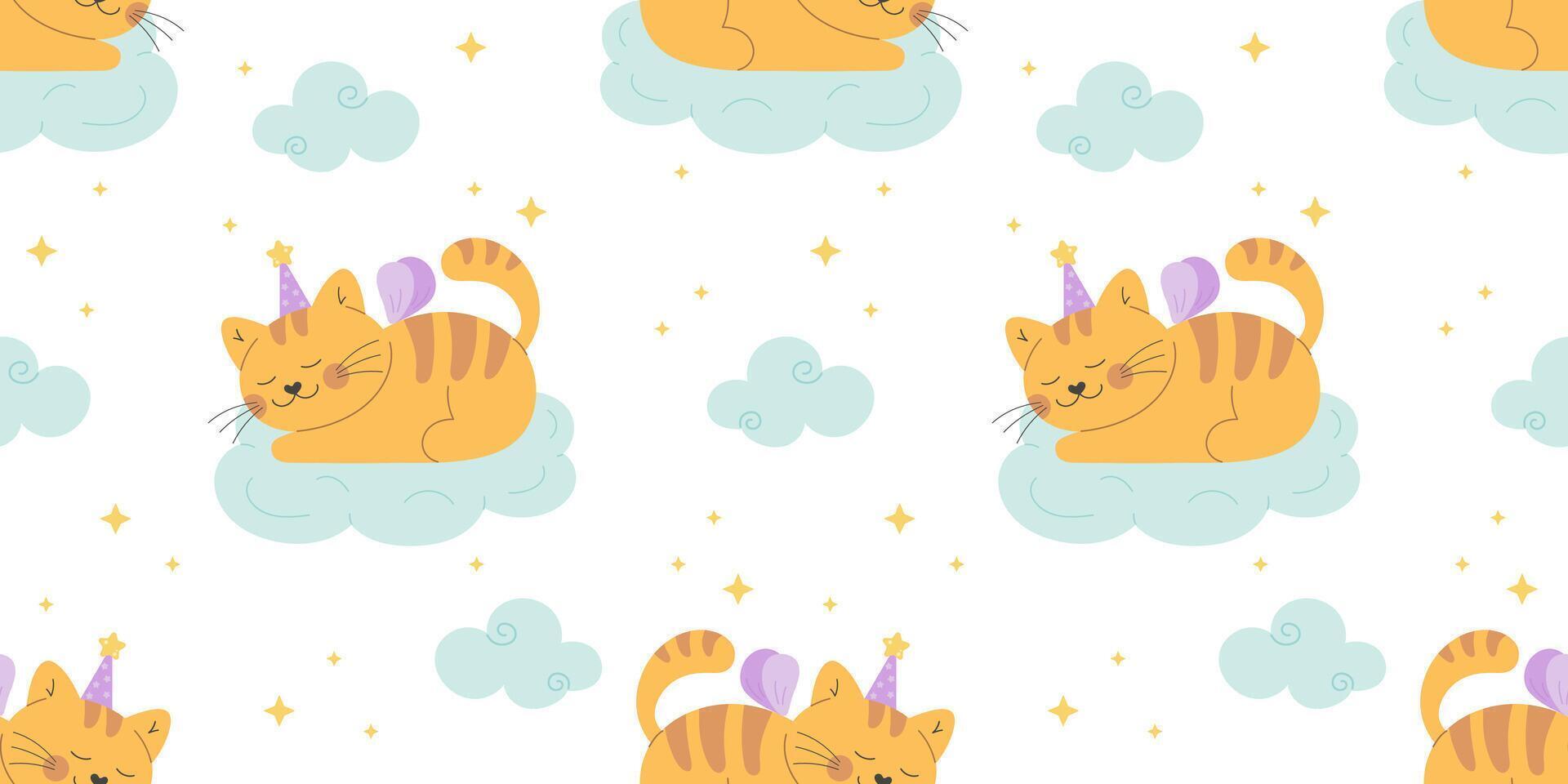 Cute fairy cat with wings on the cloud pattern vector