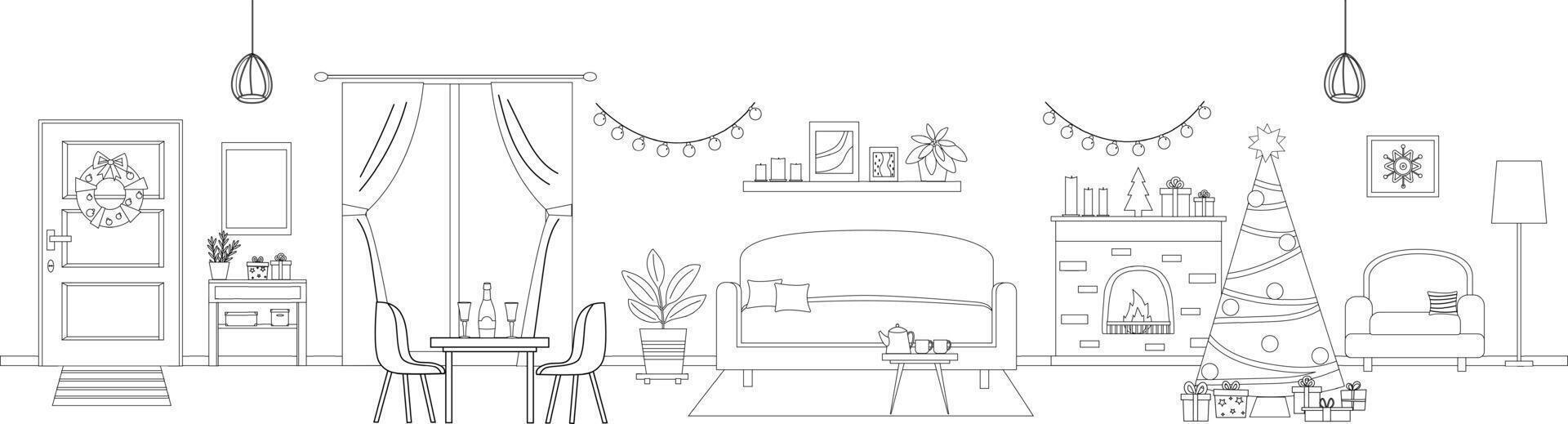 Living room decorated for Christmas and New Year. Interior banner in line art style. Living room with furniture as sofa, armchair, fireplace, table Christmas tree. Black and white illustration vector