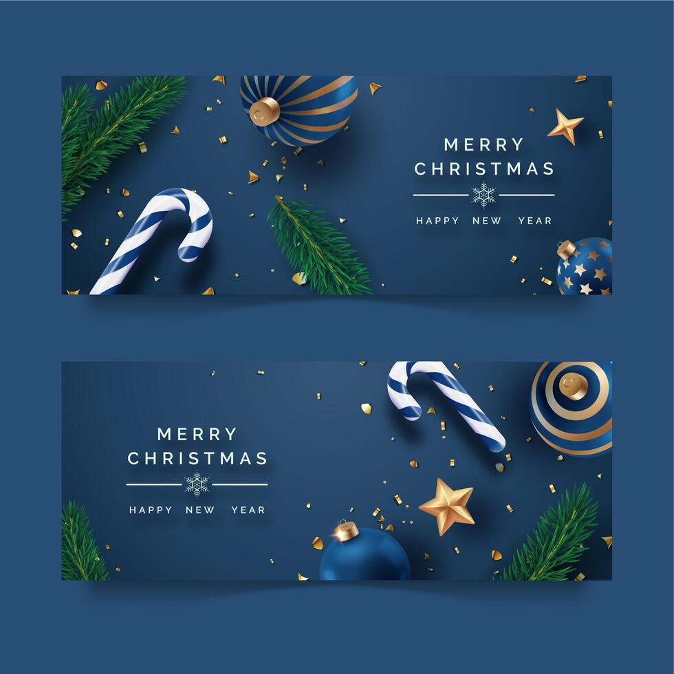 Two horizontal Christmas banners with ornaments, candy canes, and pine branches vector