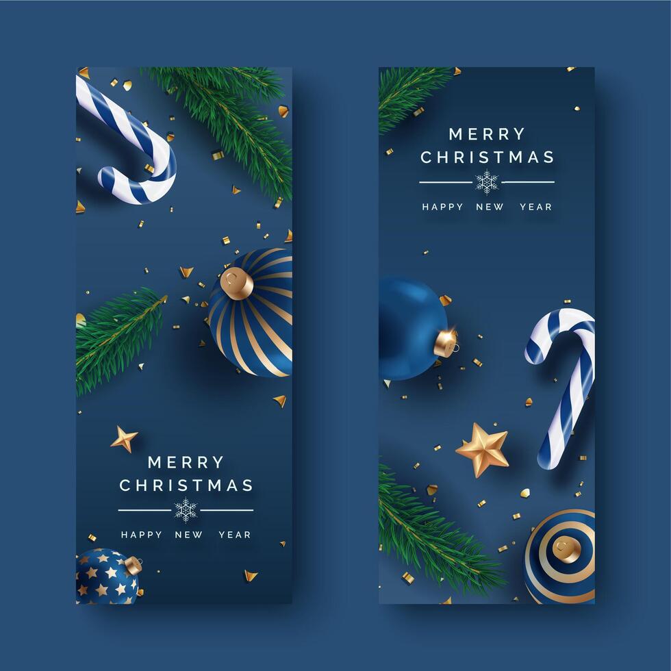 Two vertical Christmas banners with ornaments, candy canes, and pine branches vector