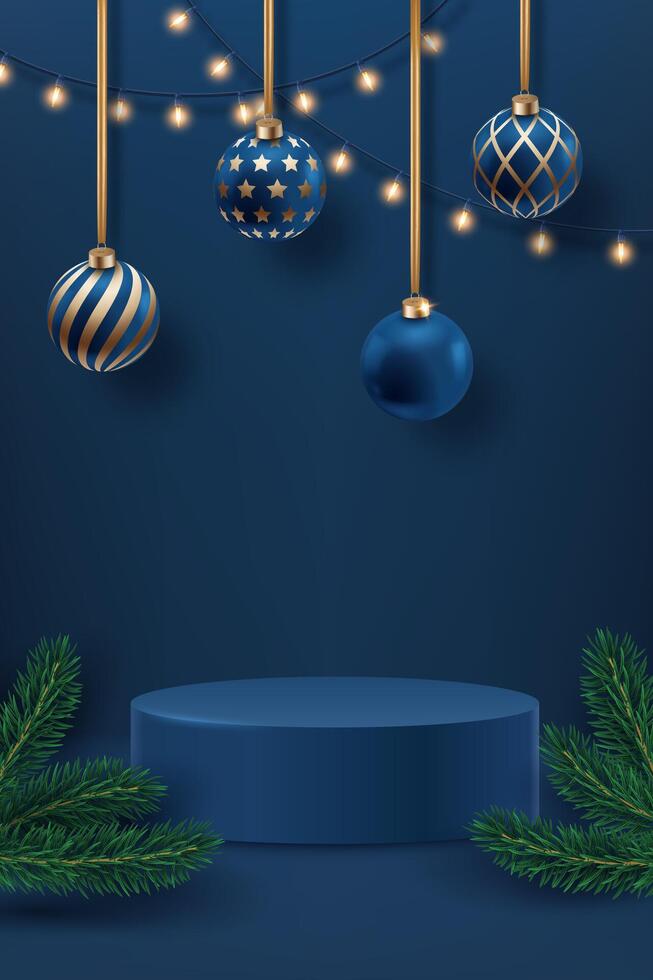 Blue and gold Christmas ornaments hanging with string lights, on a navy background with pine branches and podium vector