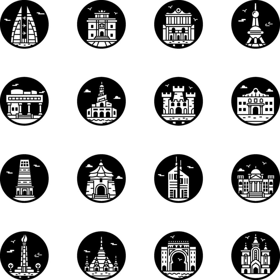 Collection of World Famous Places Glyph Style Icons vector