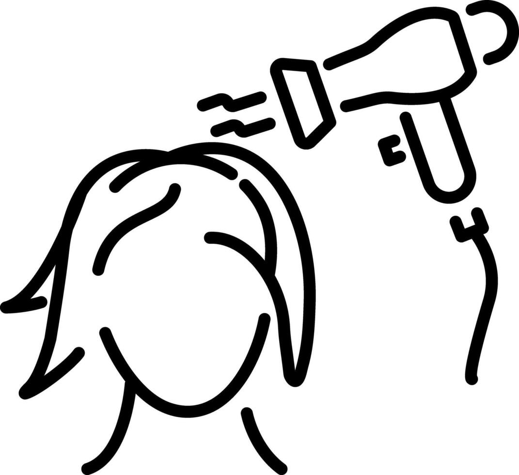 A linear icon of a woman dry her hairs with the help of hair dryer vector