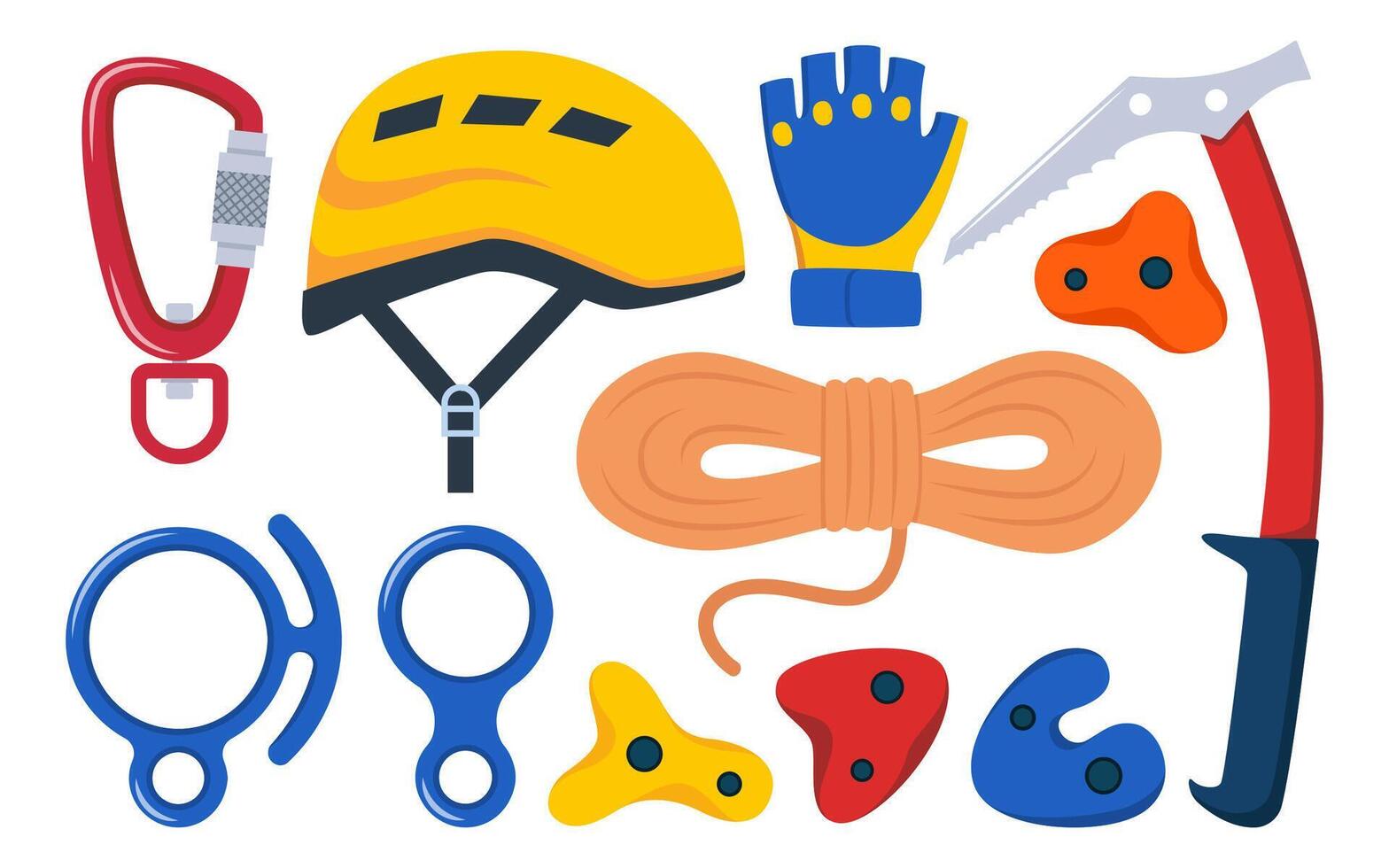 Climbing gear equipment. Mountaineering tool climber stuff elements for mountain rock climb safety rope knot harness carbines helmet ice ax extreme sport. illustration. vector