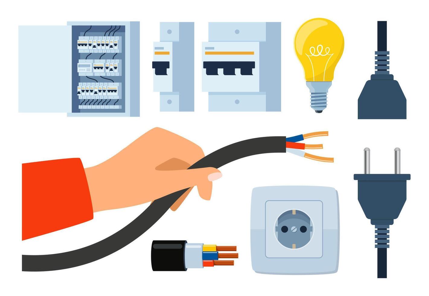 Essential Electrical Repair Tools for Professional Technician, Socket Maintenance Service. Electrician worker equipment for electric power system inspection. Electricity, energy concept. . vector