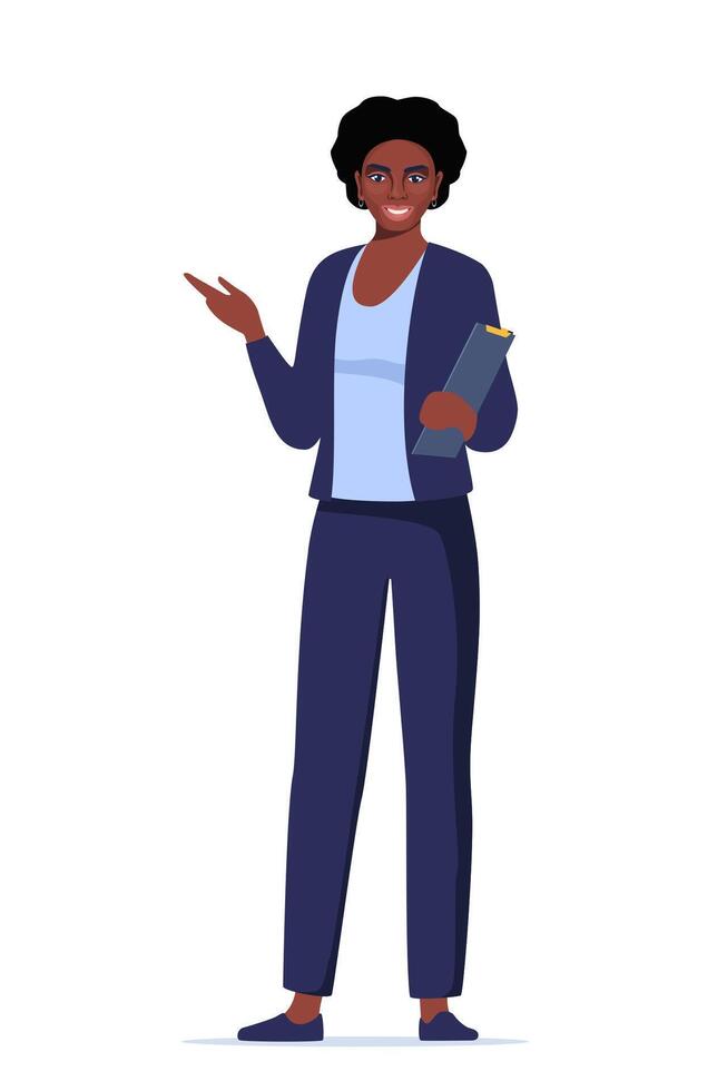 Black woman introduce, show and present something. Business speaker standing with clipboard and pointing direction, gesturing with arm. Female presenter. illustration. vector
