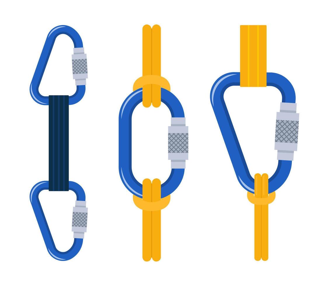 Climbers carbine set. Carabiner clip spring hook safety supply for climbing. Sport lock protection alpinist rope rock, mountaineering hiking steel tool, security metal chain. . vector