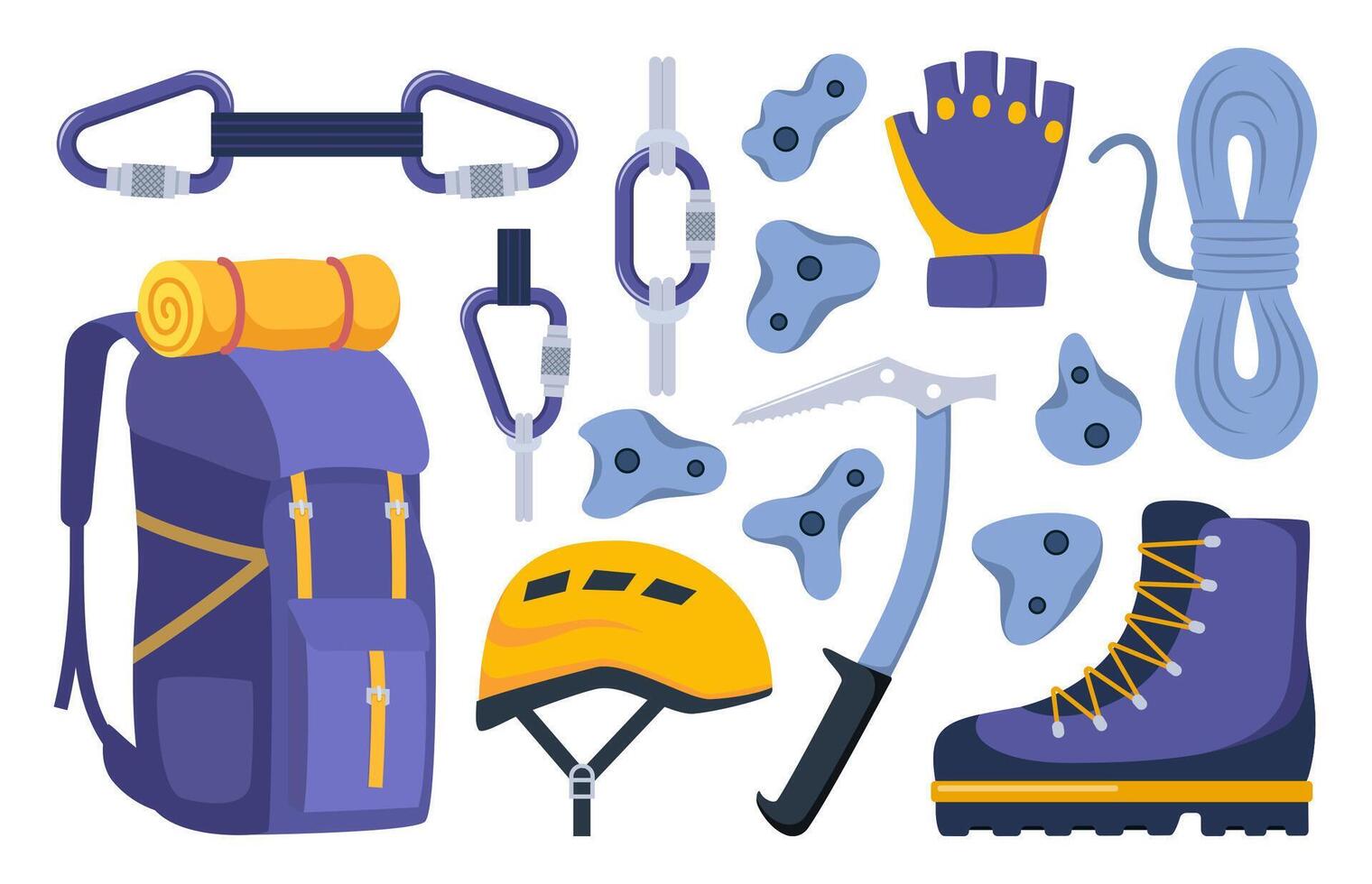Climbing gear equipment. Mountaineering tool climber stuff elements for mountain rock climb safety rope knot harness carbines helmet ice ax extreme sport. illustration. vector