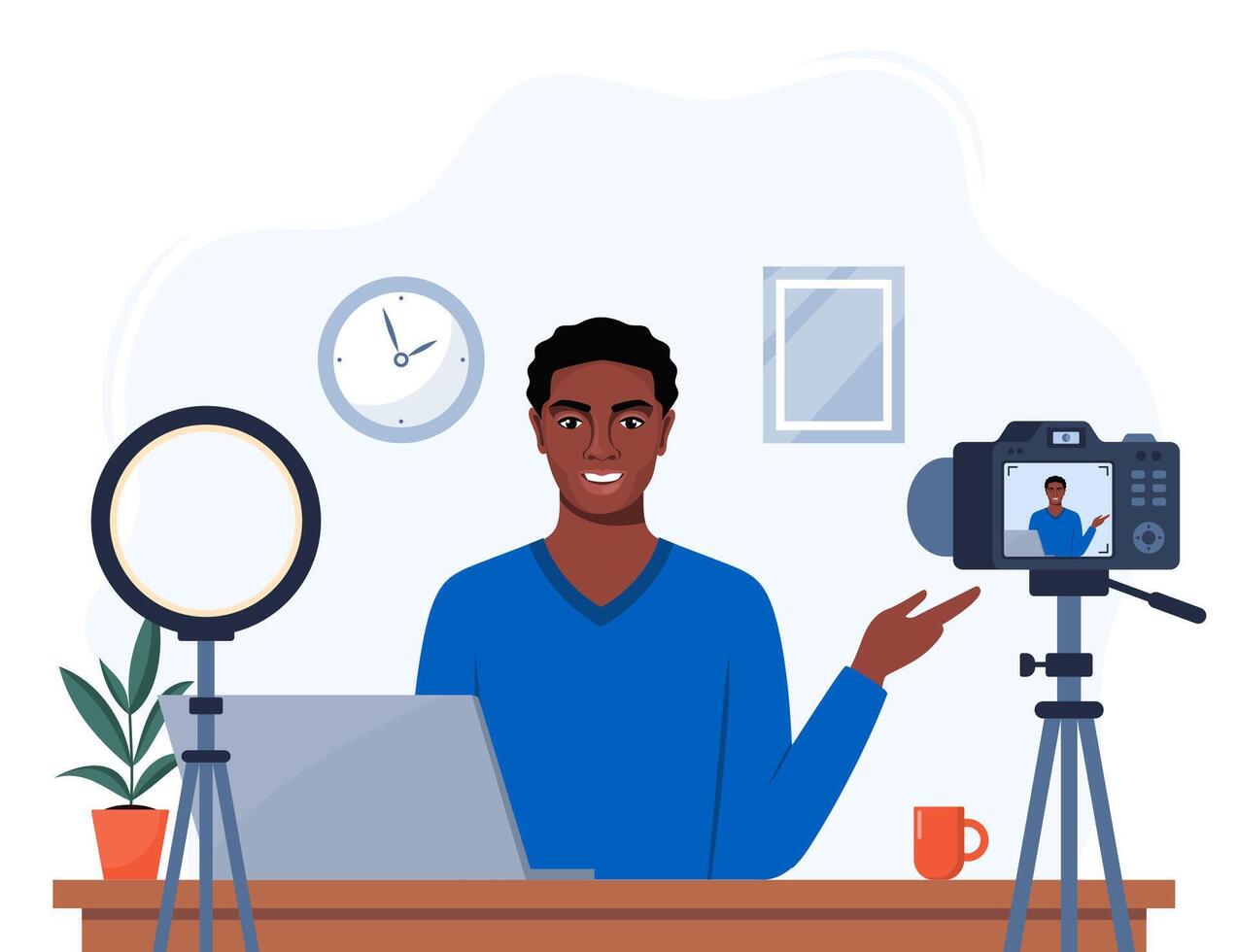 Man blogger records himself on using a camera and a circle light lamp. character influencer creating a review for a blog. Vlogger records indoors. Flat illustration. vector