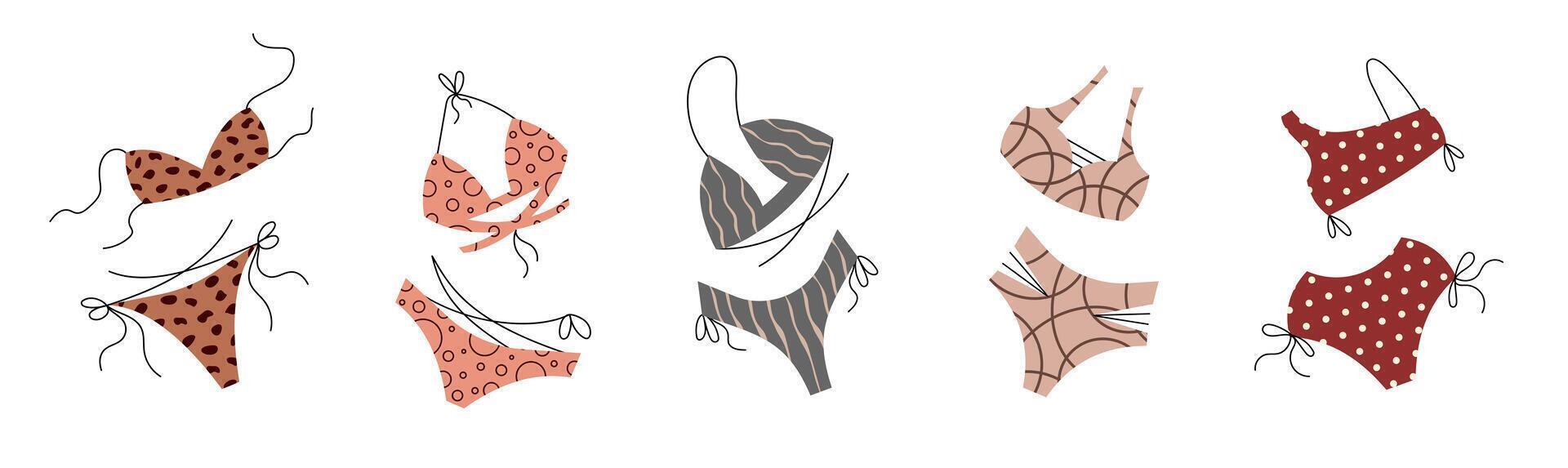 Trendy Summer Swimwear Collection for Women. Bikini, Bra, and Beachwear. Perfect for Pool Days and Vacations. Flat Illustration vector