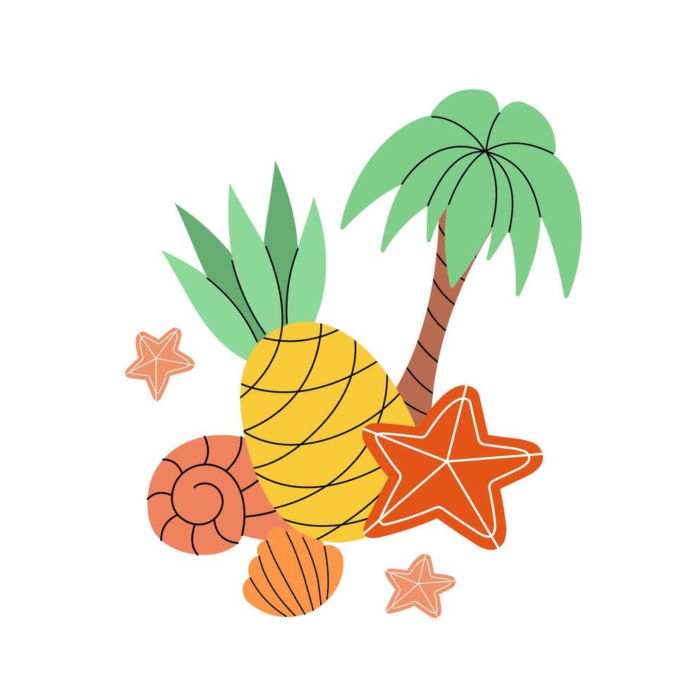 Travel, tourism, vacation concept. Palm tree, pineapple, seashells and starfish. Flat illustration isolated on white background vector
