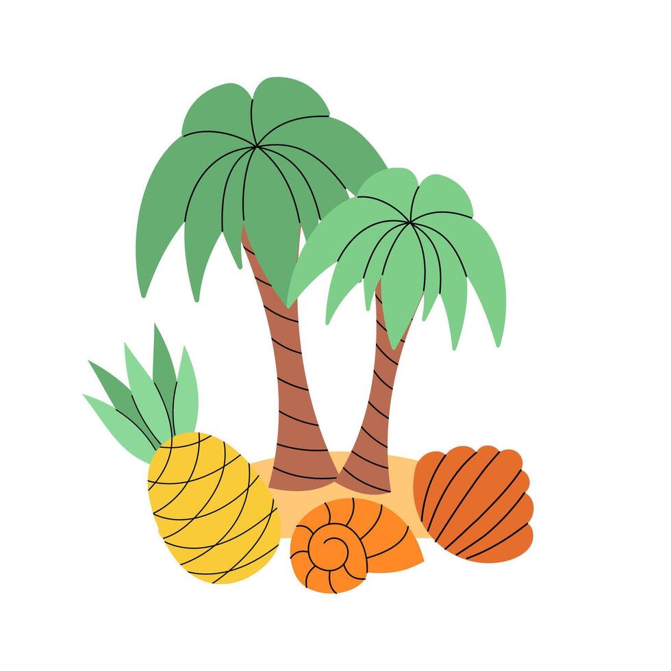 Travel, tourism, summer vacation concept. Palm tree, pineapple, seashells. Flat illustration isolated on white background vector