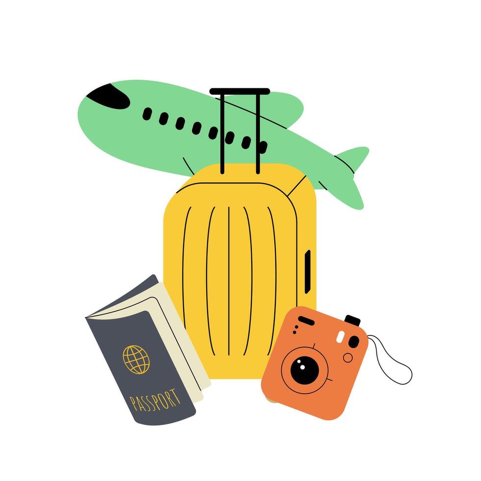 Travel, tourism, vacation concept. Suitcase, plane, passport, camera. Flat illustration isolated on white background vector