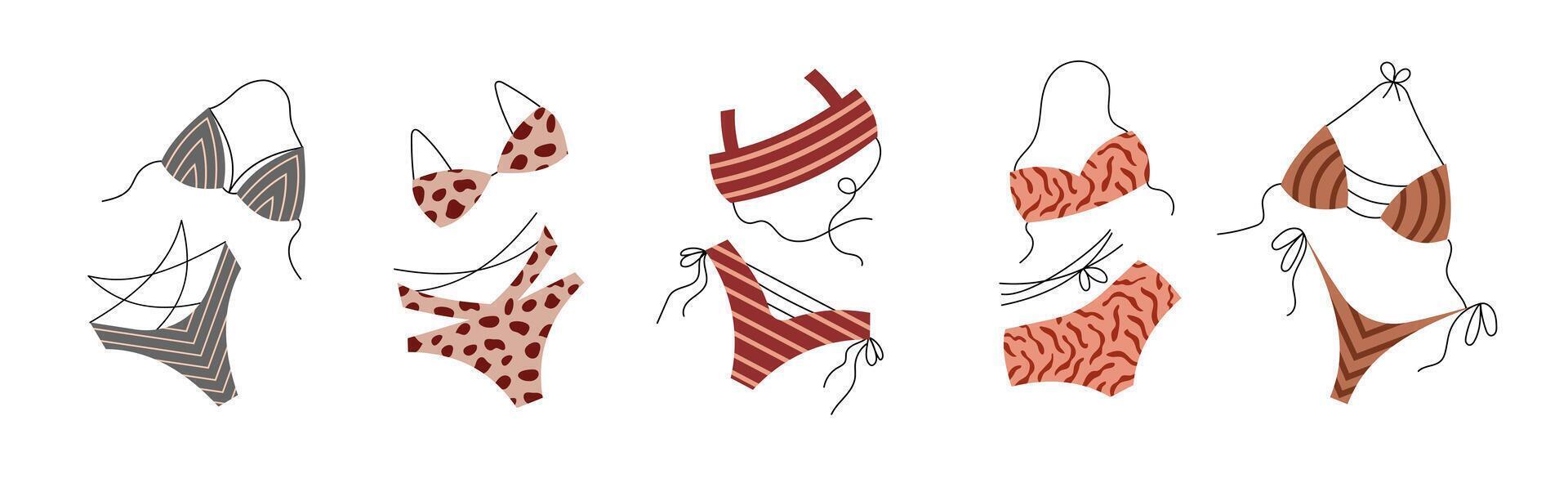 Set of summer women's swimwear. Beachwear for women for the pool, for vacation, for the beach. Bikini and bra. Separate fashion swimsuits. Flat illustration isolated on white background vector