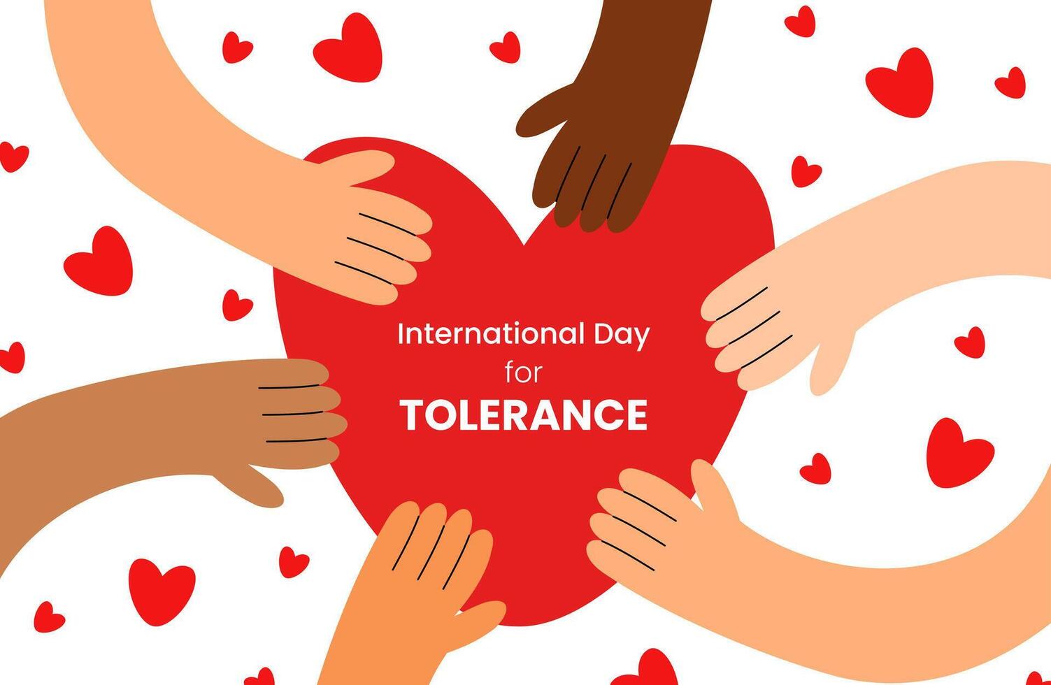 International Day for Tolerance. Hearts and hands of different skin tones of multiethnic races. Multiracial people. Flat illustration vector