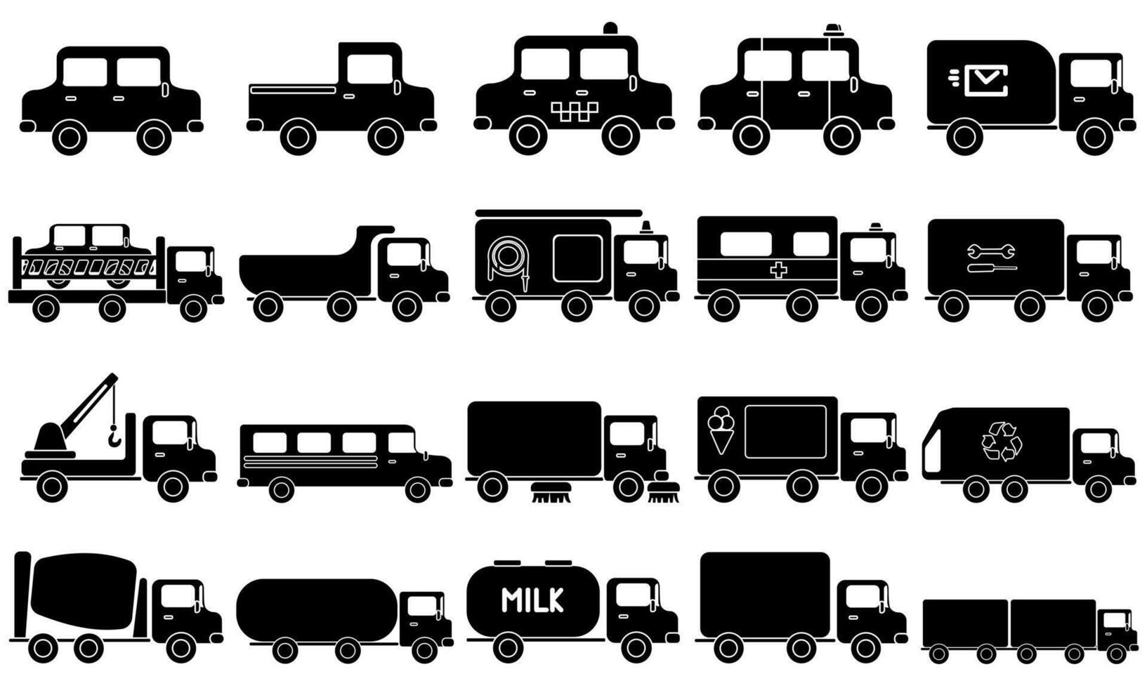 Set of simple silhouettes of cars and special transport, icons for design vector
