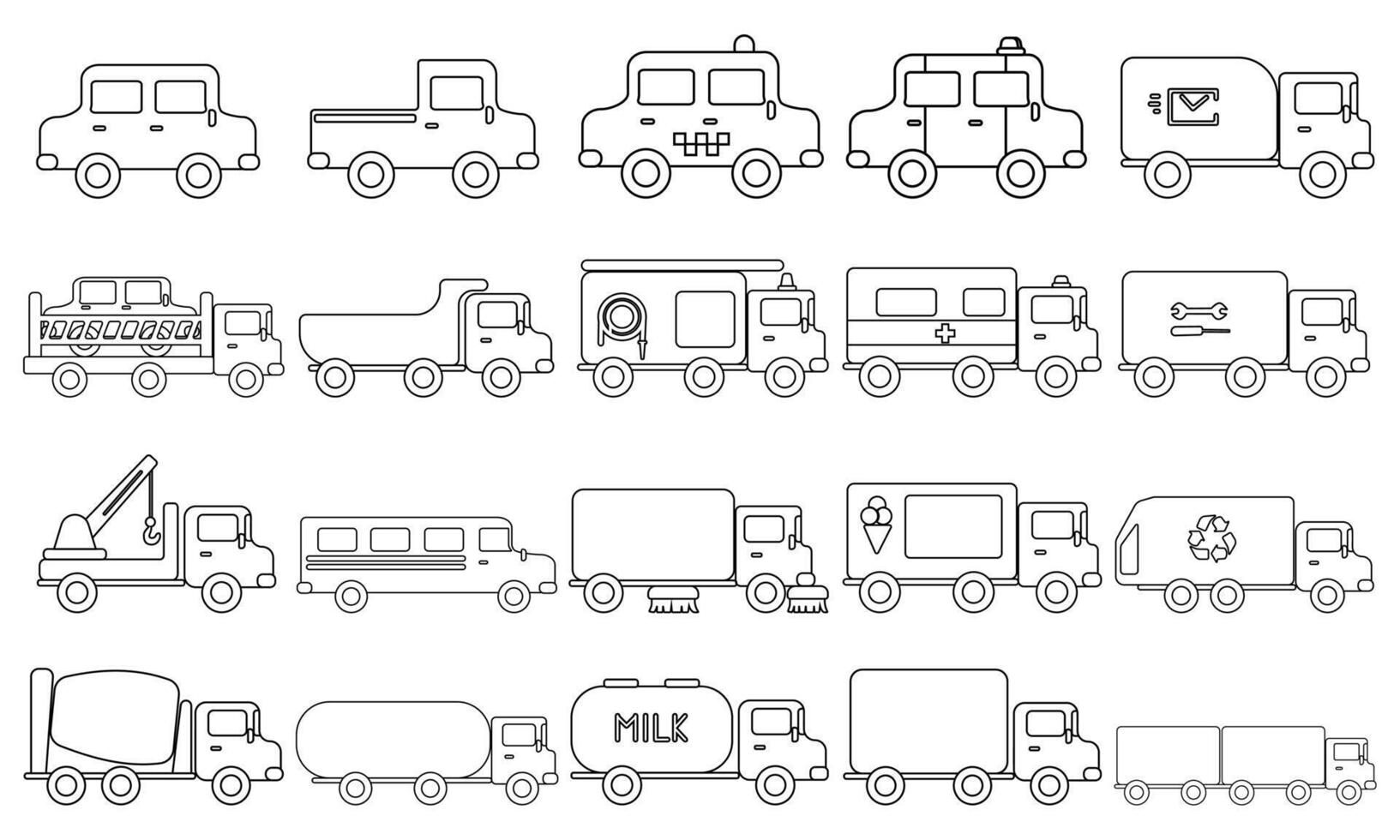 Set of outline cars and special transport, icons for design or coloring page elements for kids creativity vector