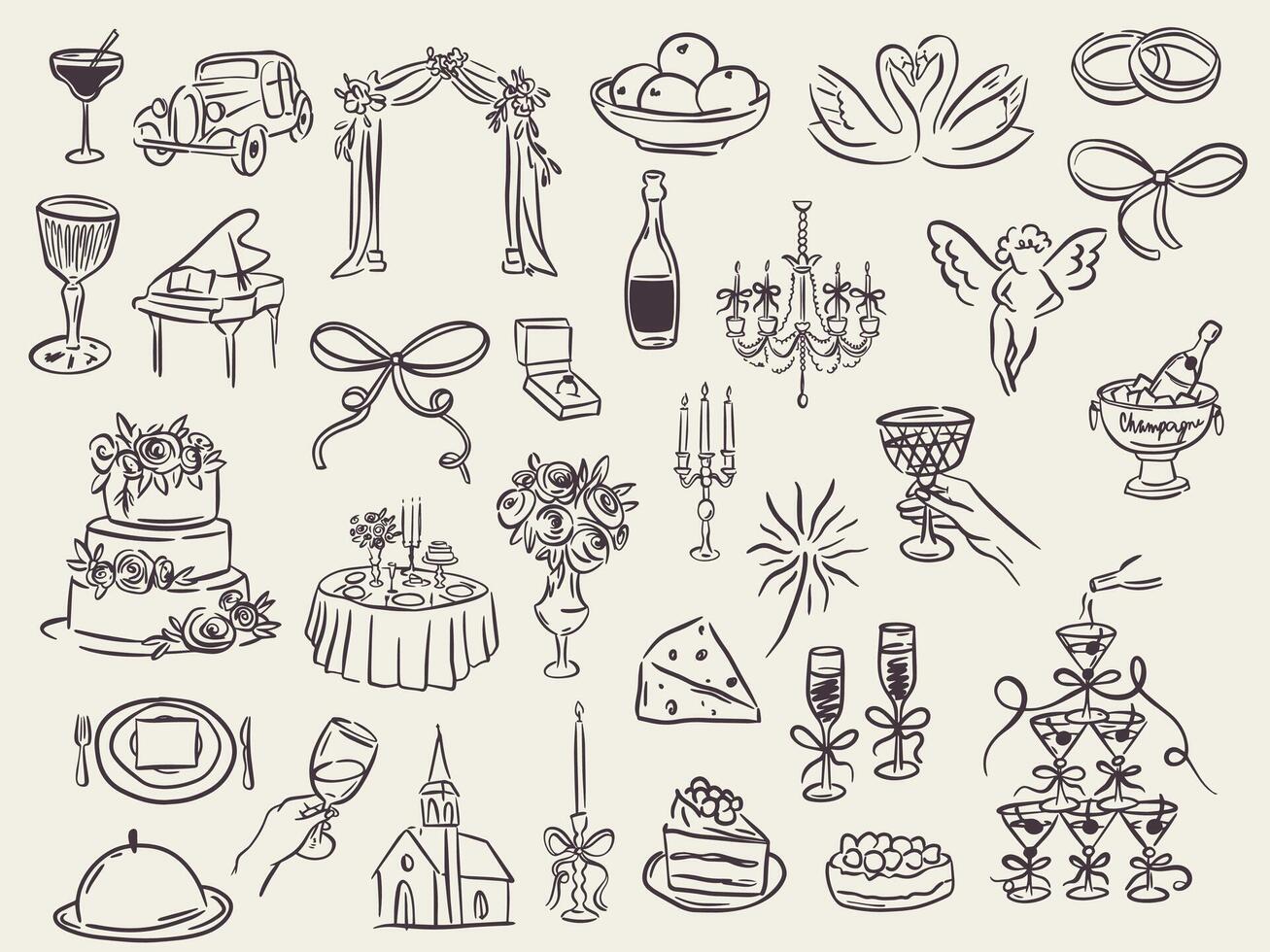 Set of whimsical hand-drawn wedding ceremony food and drink illustartion in trendy vintage style. Perfect for quirky wedding holiday, dinner and bar menu, bachelorette party, birthday invitation, sign vector
