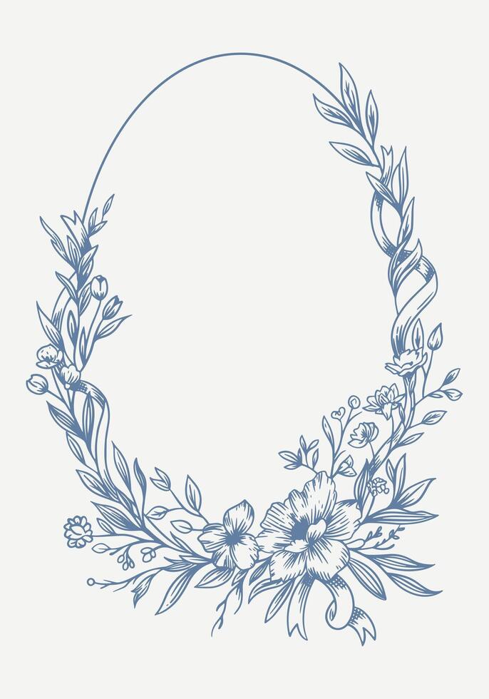 Botanical blue wedding frame or wreath on white background. Hand drawn floral, flower, leaf branch in toile de jouy style. Line art for wedding, monogram, invitation, greeting, logo, birthday cards vector