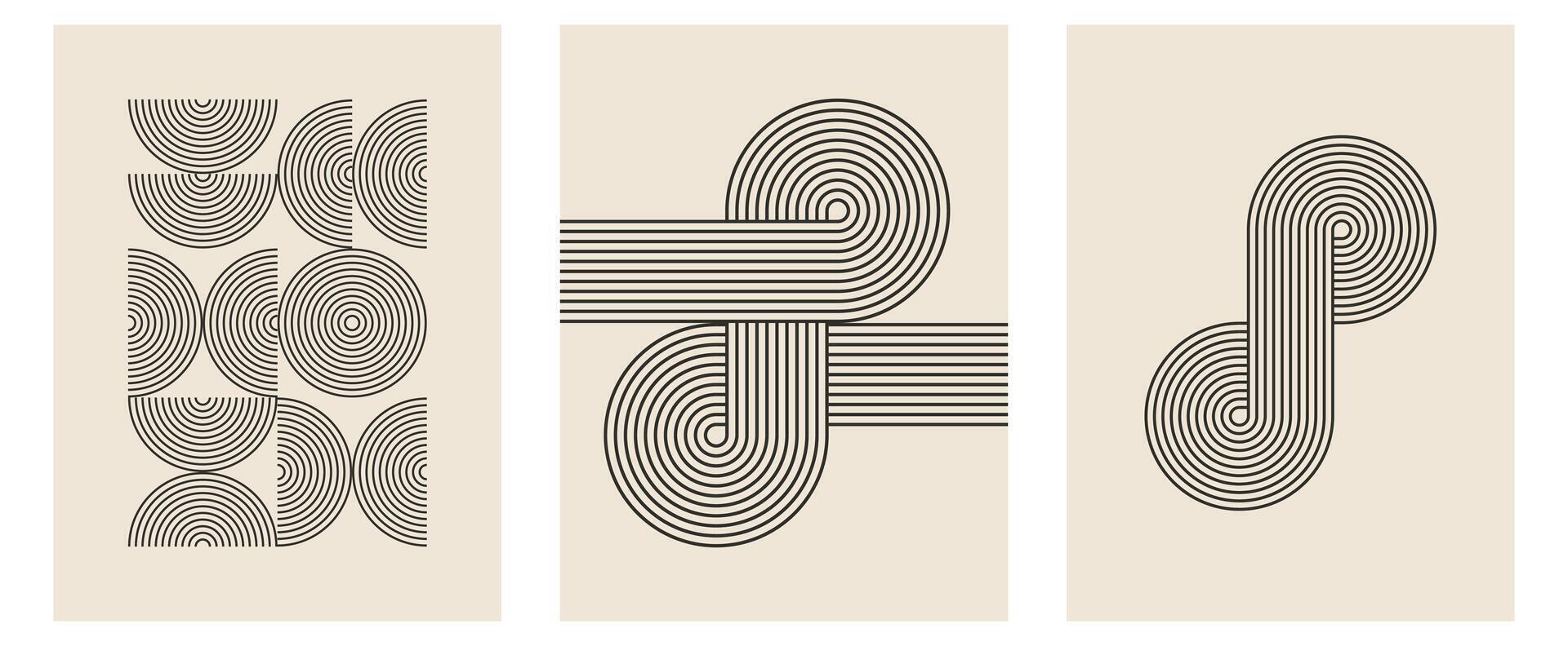 Set of trendy modern abstract geometric bauhaus posters with circle, square line shape. Minimalistic print for wall art decoration, postcard or brochure cover design in retro style art vector