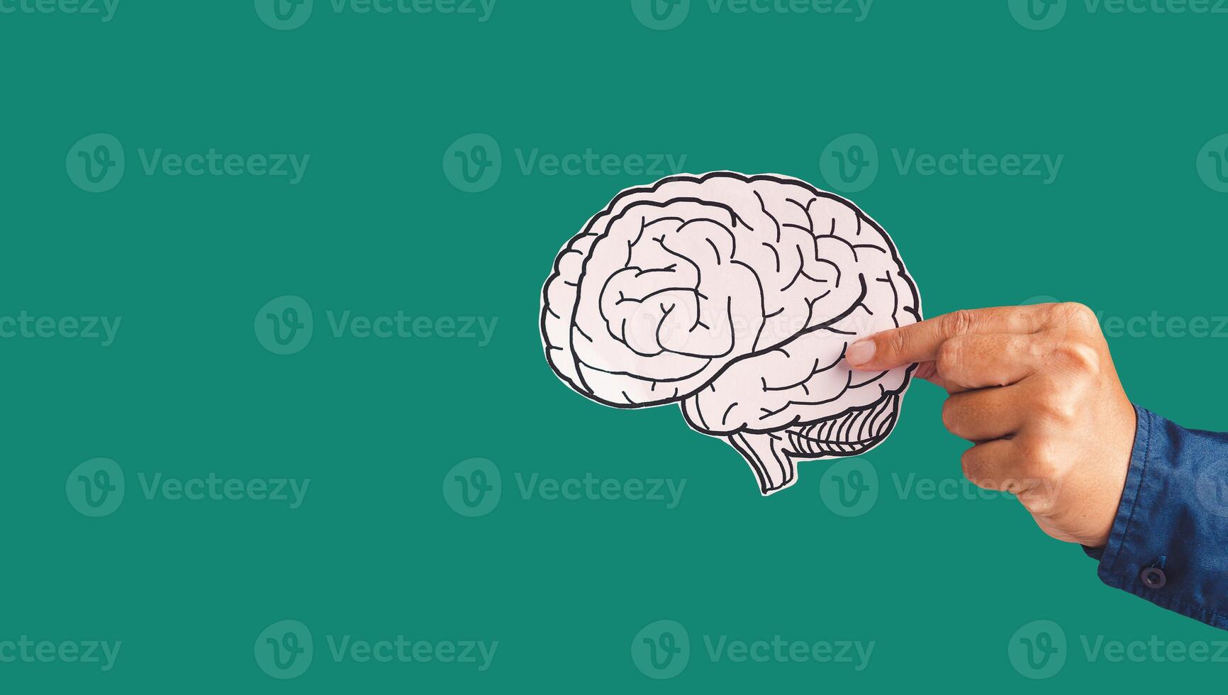 Close-up of hand holding a brain shape made from paper standing against a green background photo