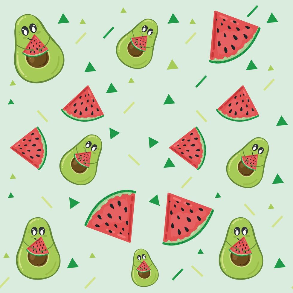 Green cute avocado seamless pattern with watermelon. Summer pattern. Avocado exercise illustration for background, wallpaper, and fabric vector