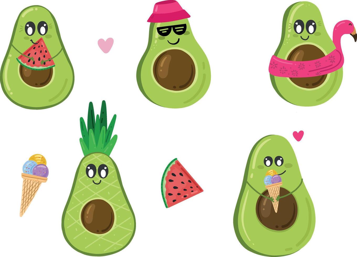 Funny avocados object collection with leaf, avocado exercise. Summer funny avocado fruit with watermelon, ice cream and avocado like pineapple vector