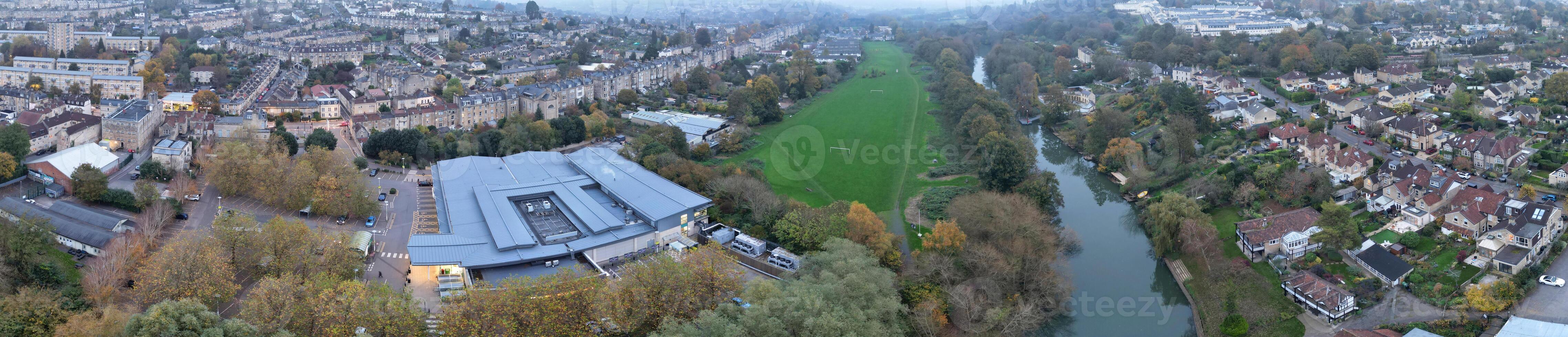 Aerial Panoramic View of Historical Walcot Bath City of England Which is Located in North East of Somerset, United Kingdom. High angle Footage Was Captured with Drone Camera on November 5th, 2024 photo