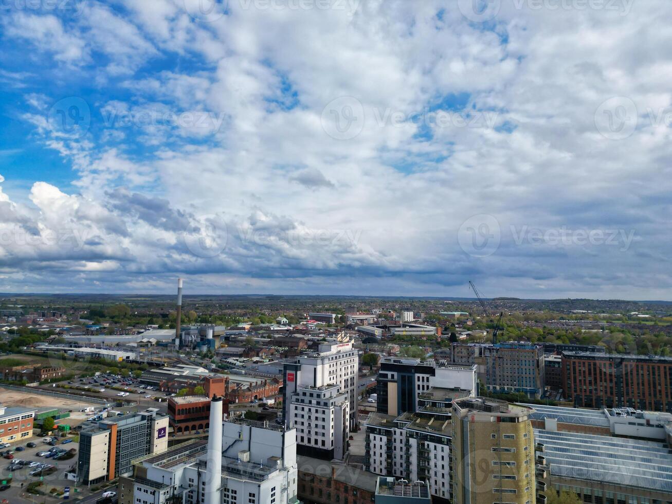 High Angle View of Buildings at Downtown Central Northampton City of East Midlands Region of England Great Britain. Aerial Footage Was Captured with Drone's Camera on April 26th, 2024 photo