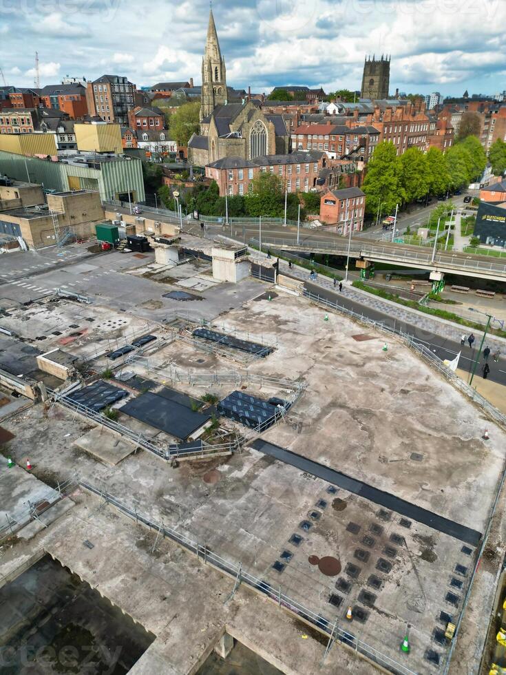High Angle View of Buildings at Downtown Central Northampton City of East Midlands Region of England Great Britain. Aerial Footage Was Captured with Drone's Camera on April 26th, 2024 photo