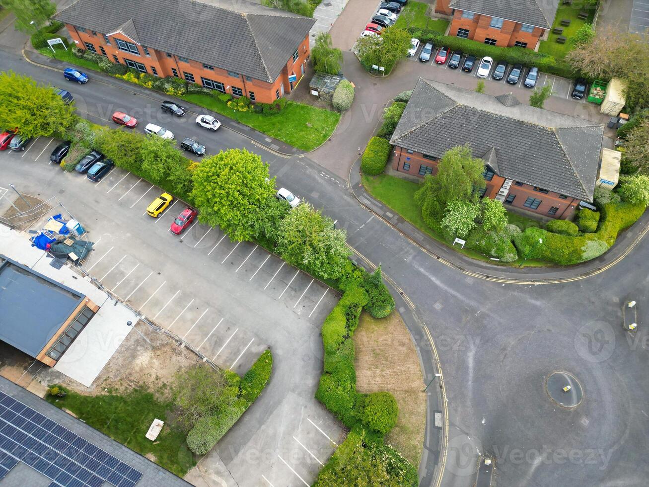 High Angle View of Buildings at Downtown Central Northampton City of East Midlands Region of England Great Britain. Aerial Footage Was Captured with Drone's Camera on April 26th, 2024 photo