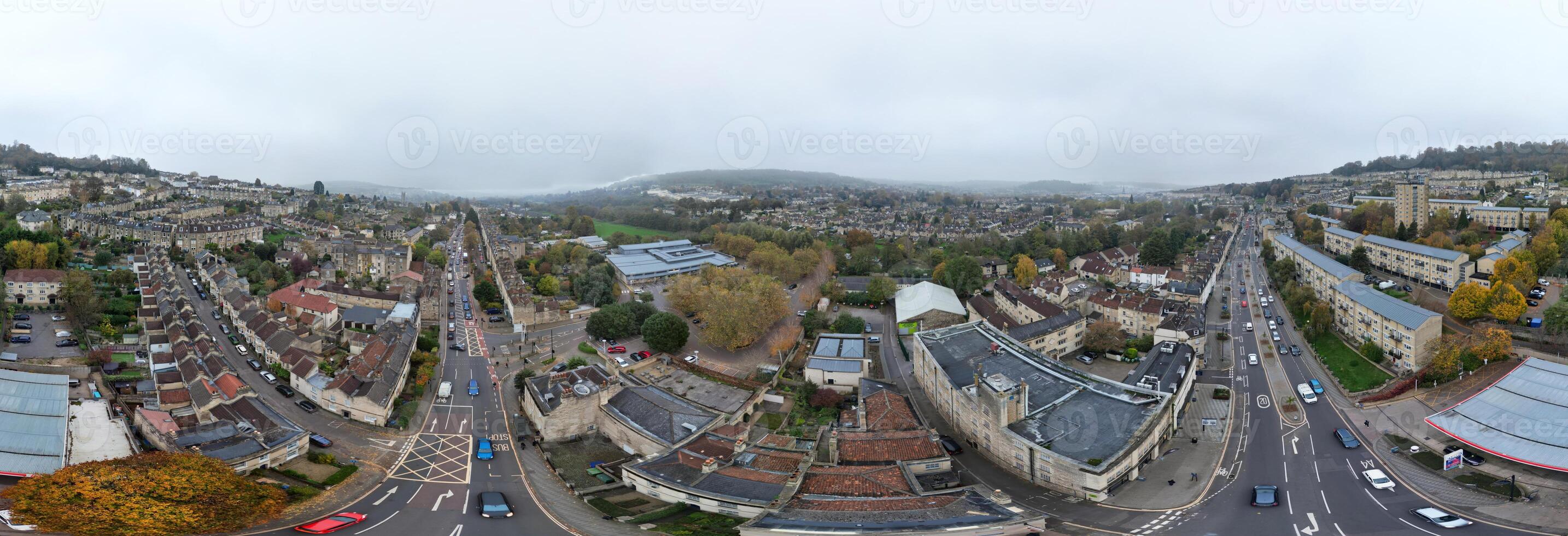 Aerial Panoramic View of Historical Walcot Bath City of England Which is Located in North East of Somerset, United Kingdom. High angle Footage Was Captured with Drone Camera on November 5th, 2024 photo