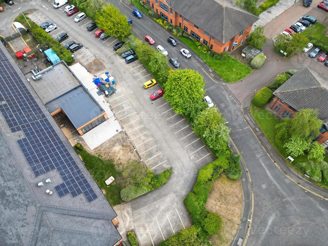 High Angle View of Buildings at Downtown Central Northampton City of East Midlands Region of England Great Britain. Aerial Footage Was Captured with Drone's Camera on April 26th, 2024 photo
