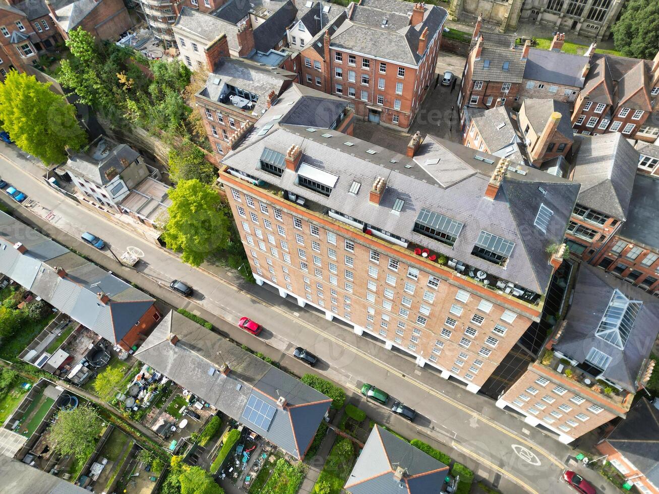 High Angle View of Buildings at Downtown Central Northampton City of East Midlands Region of England Great Britain. Aerial Footage Was Captured with Drone's Camera on April 26th, 2024 photo