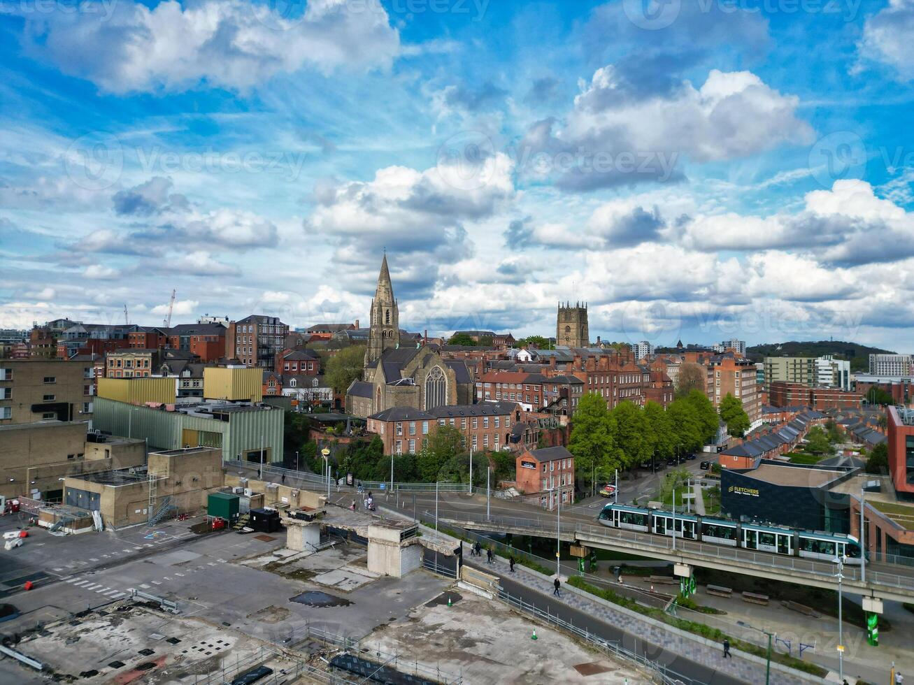 High Angle View of Buildings at Downtown Central Northampton City of East Midlands Region of England Great Britain. Aerial Footage Was Captured with Drone's Camera on April 26th, 2024 photo