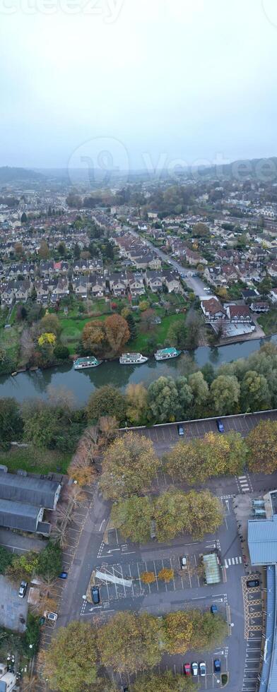 Aerial Panoramic View of Historical Walcot Bath City of England Which is Located in North East of Somerset, United Kingdom. High angle Footage Was Captured with Drone Camera on November 5th, 2024 photo