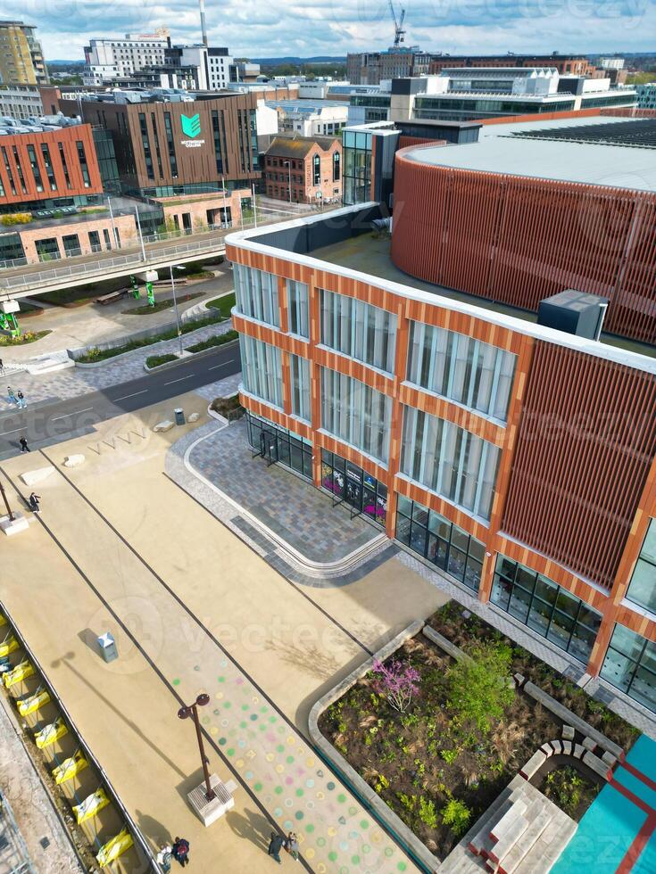High Angle View of Buildings at Downtown Central Northampton City of East Midlands Region of England Great Britain. Aerial Footage Was Captured with Drone's Camera on April 26th, 2024 photo