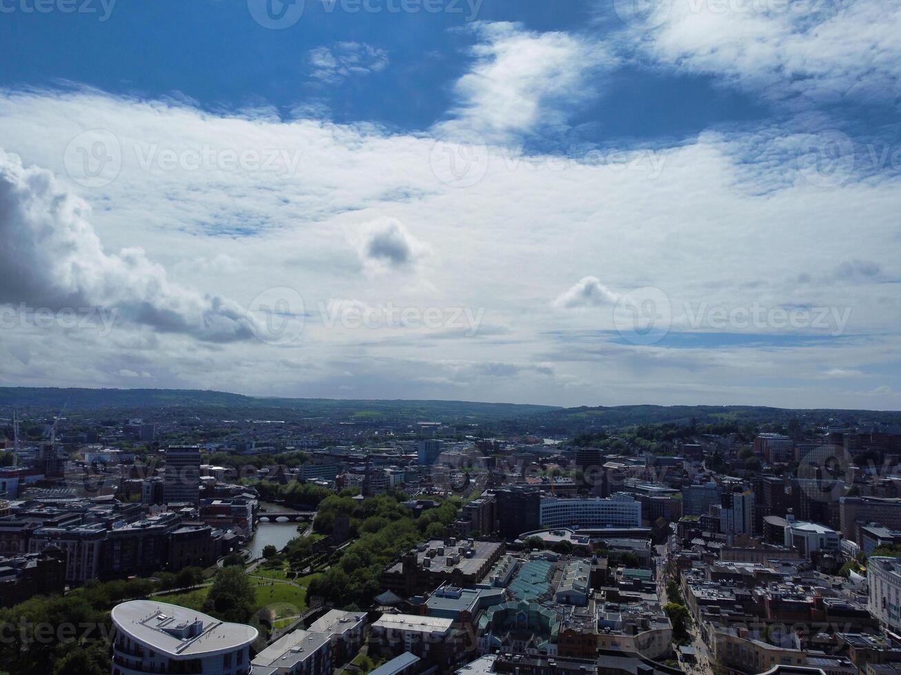 Aerial View of Buildings at Central Bristol City of Southwest of England, United Kingdom. The High Angle Footage Was Captured with Drone's Camera from High Altitude on May 27th, 2024. photo