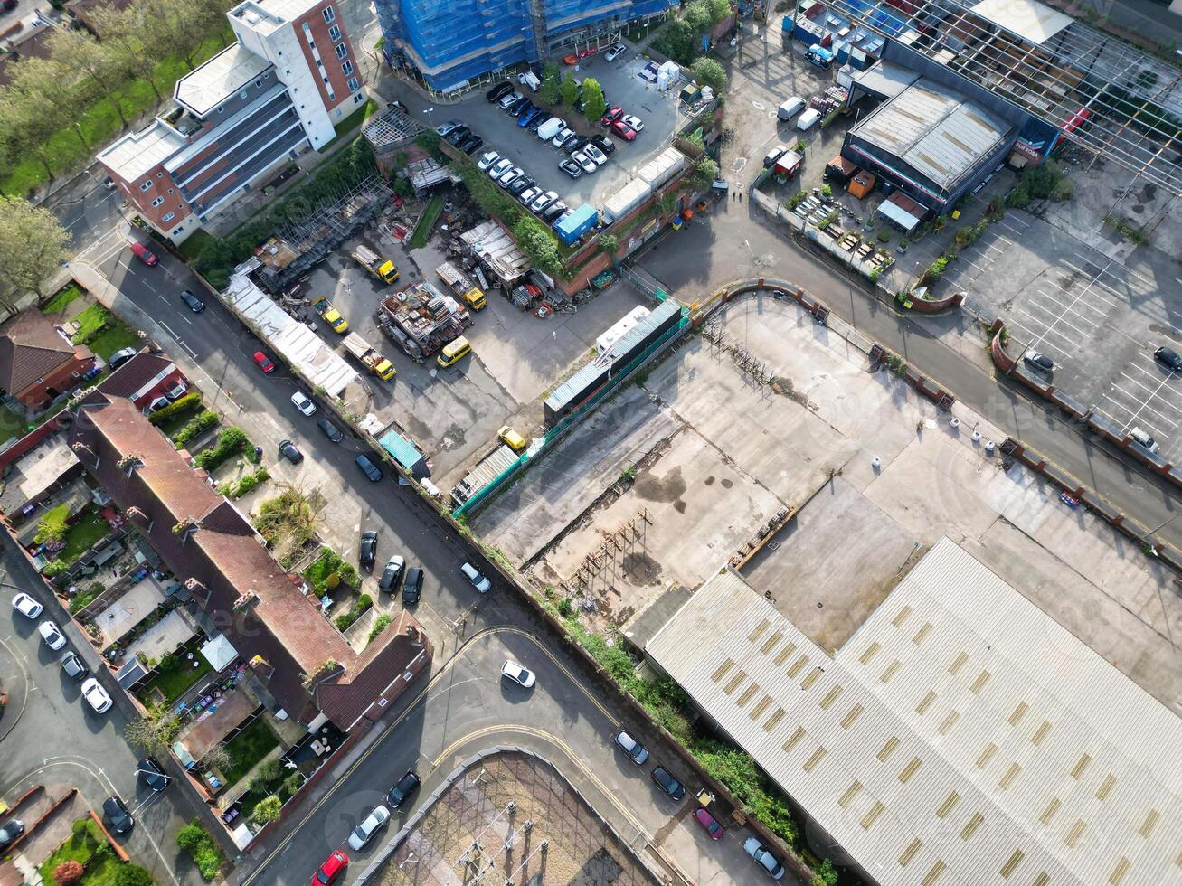 High Angle View of Historical and Modern British City Centre of Liverpool, Maritime city in northwest England, United Kingdom. Aerial Footage Was Captured with Drone's Camera on May 5th, 2024 photo