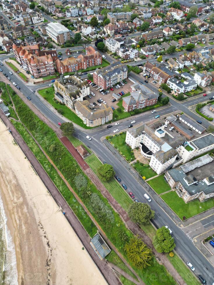 Aerial View of Most Beautiful and Attractive British Tourist Attraction Downtown Central Clacton on Sea City of England United Kingdom. Aerial Footage Was Captured on May 21st, 2024 photo