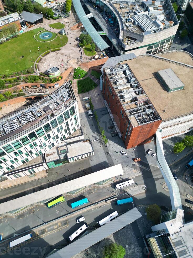 High Angle View of Historical and Modern British City Centre of Liverpool, Maritime city in northwest England, United Kingdom. Aerial Footage Was Captured with Drone's Camera on May 5th, 2024 photo