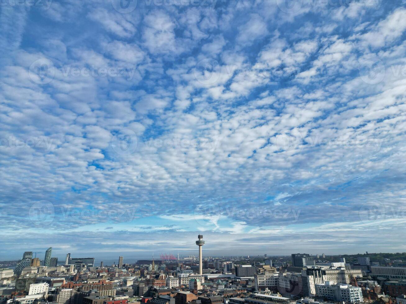 High Angle View of Historical and Modern British City Centre of Liverpool, Maritime city in northwest England, United Kingdom. Aerial Footage Was Captured with Drone's Camera on May 5th, 2024 photo
