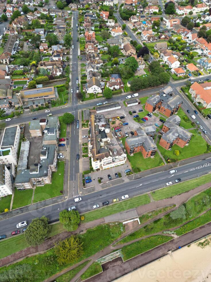 Aerial View of Most Beautiful and Attractive British Tourist Attraction Downtown Central Clacton on Sea City of England United Kingdom. Aerial Footage Was Captured on May 21st, 2024 photo